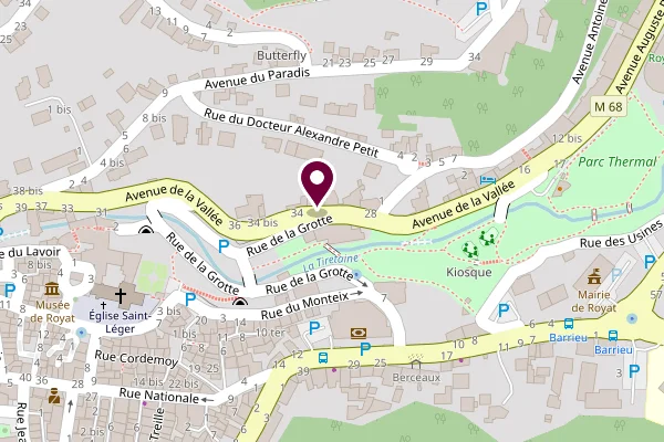 Plan du quartier : le cabinet est au 32 avenue de la Vallée à Royat, en face de la rue de la Grotte